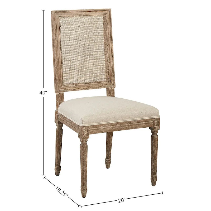 Solid Oak Dining Chair with Linen Seat and Hand-Carved Details, Set of 2