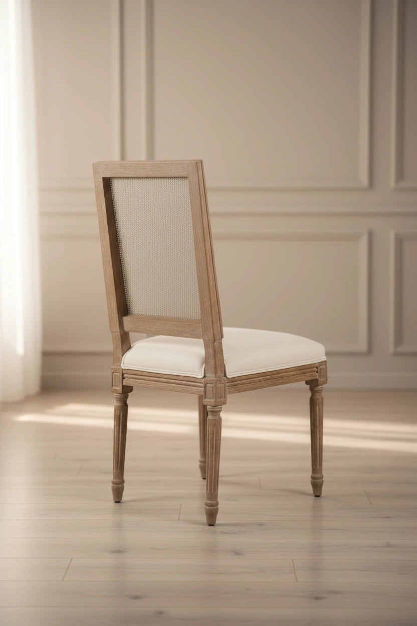 Solid Oak Dining Chair with Linen Seat and Hand-Carved Details, Set of 2