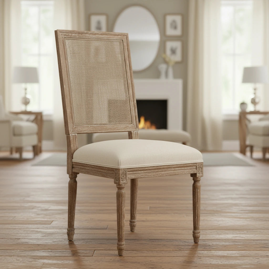 Solid Oak Dining Chair with Linen Seat and Hand-Carved Details, Set of 2