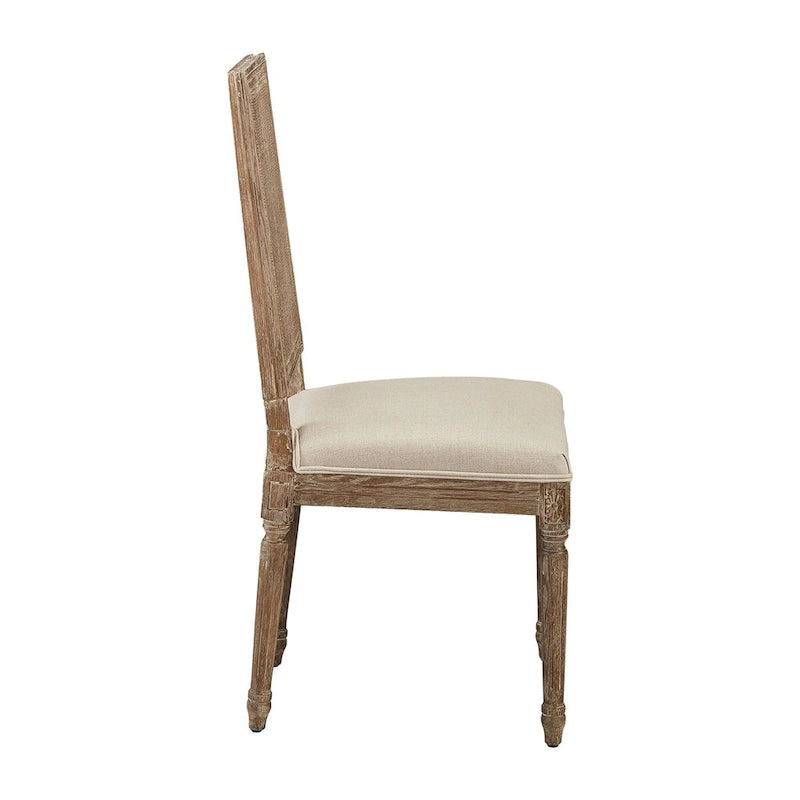 Solid Oak Dining Chair with Linen Seat and Hand-Carved Details, Set of 2
