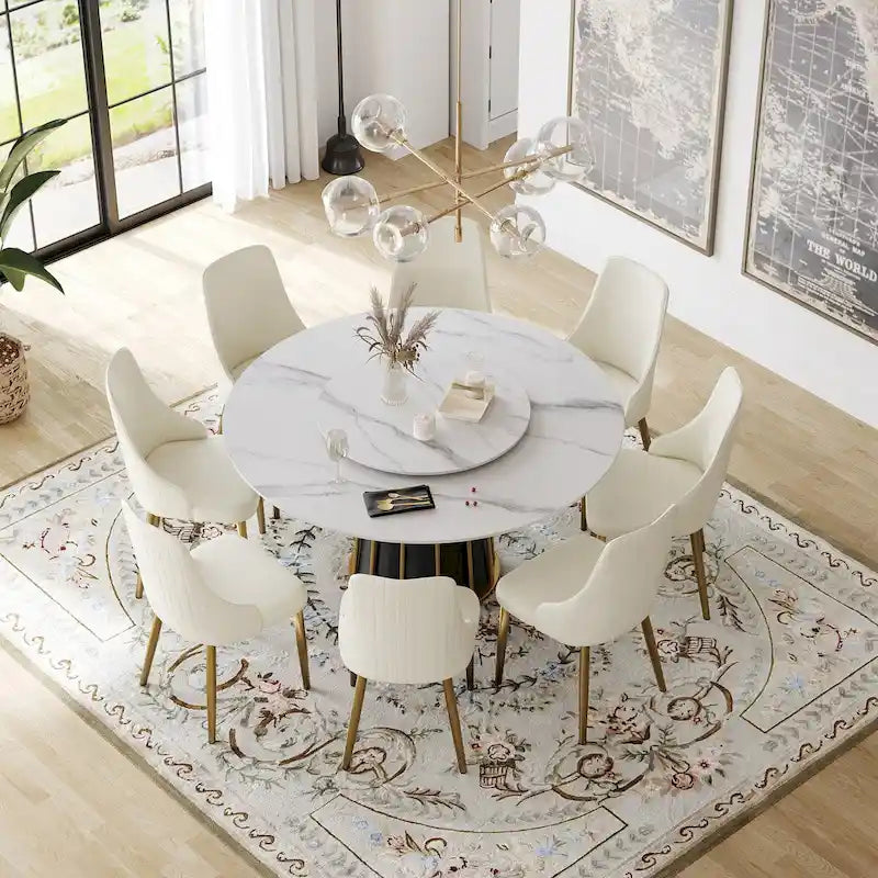 59-Inch Round Dining Table with Rotating Tray and Sintered Stone Top