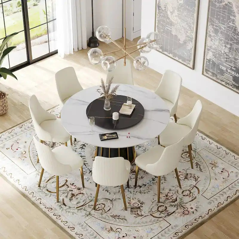 59-Inch Round Dining Table with Rotating Tray and Sintered Stone Top
