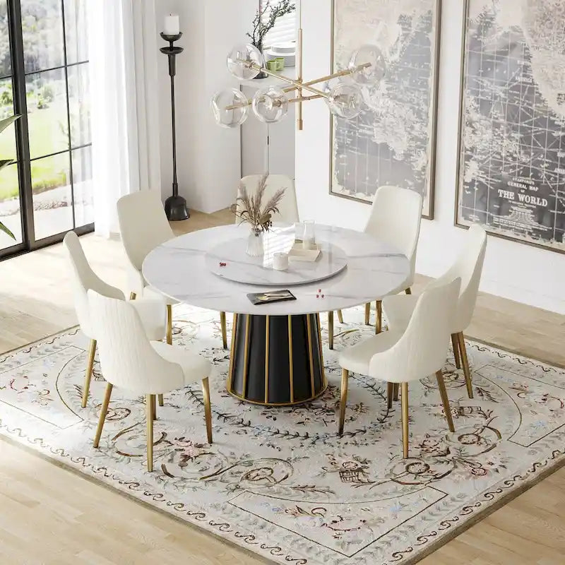59-Inch Round Dining Table with Rotating Tray and Sintered Stone Top