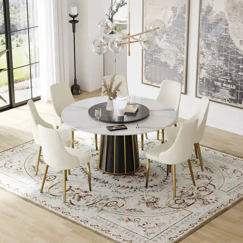 59-Inch Round Dining Table with Rotating Tray and Sintered Stone Top