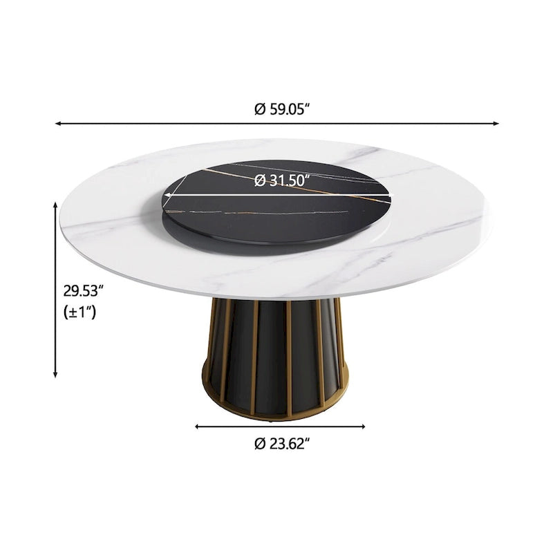 59-Inch Round Dining Table with Rotating Tray and Sintered Stone Top
