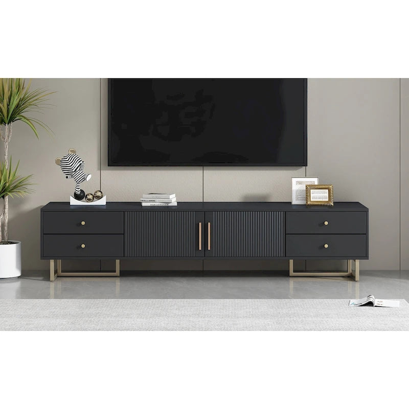 TV Stand Cabinet with 4 Drawers, Wave-Door Storage and Metal Frame