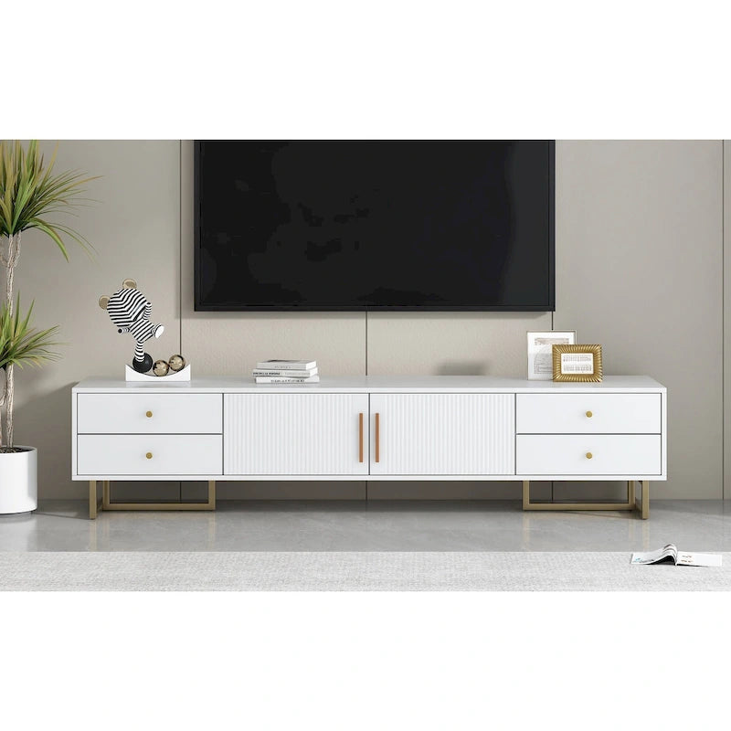 TV Stand Cabinet with 4 Drawers, Wave-Door Storage and Metal Frame