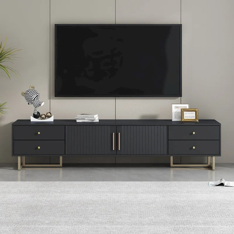 TV Stand Cabinet with 4 Drawers, Wave-Door Storage and Metal Frame