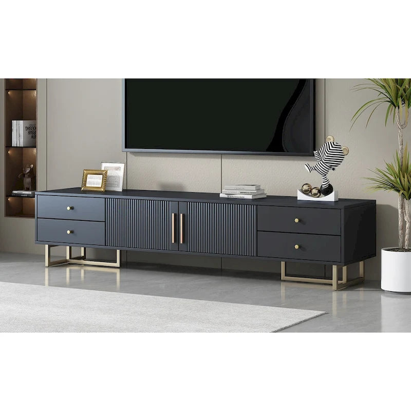 TV Stand Cabinet with 4 Drawers, Wave-Door Storage and Metal Frame