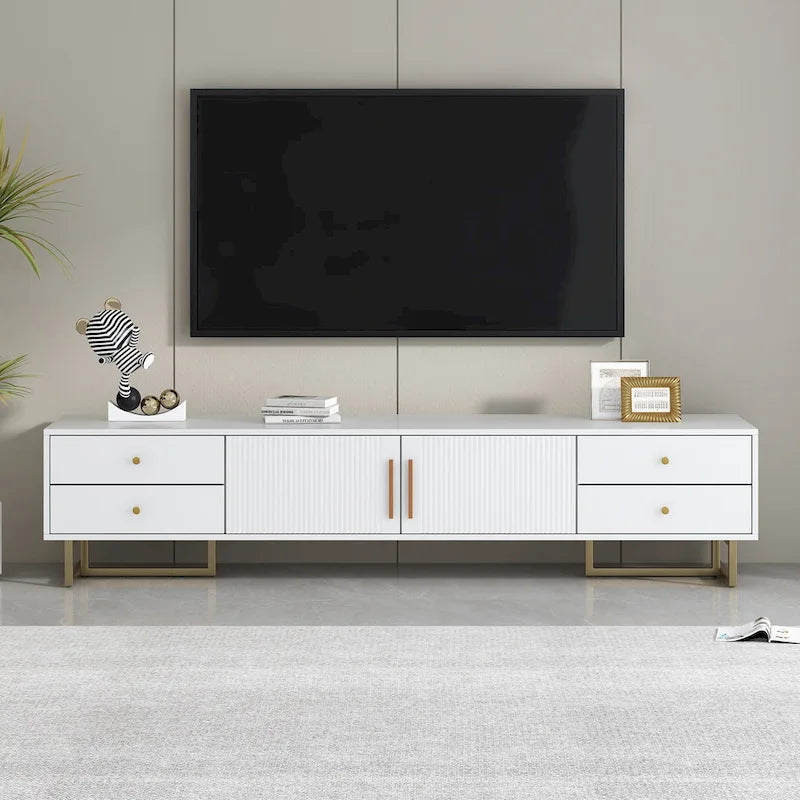 TV Stand Cabinet with 4 Drawers, Wave-Door Storage and Metal Frame
