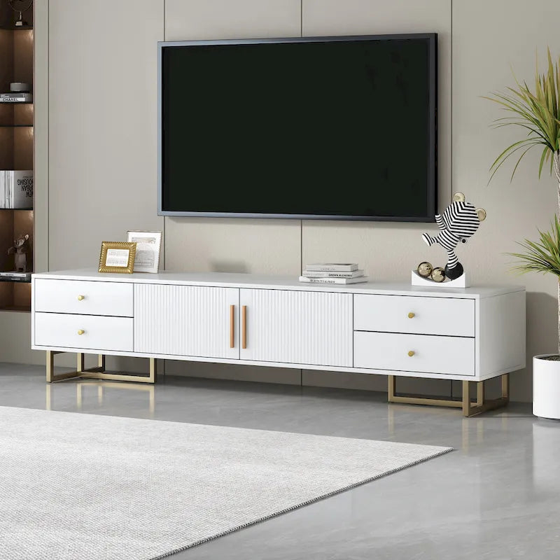 TV Stand Cabinet with 4 Drawers, Wave-Door Storage and Metal Frame