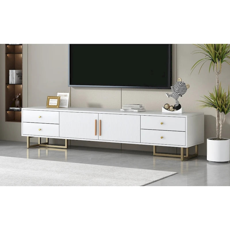 TV Stand Cabinet with 4 Drawers, Wave-Door Storage and Metal Frame
