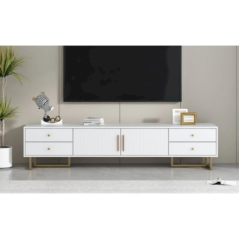 TV Stand Cabinet with 4 Drawers, Wave-Door Storage and Metal Frame