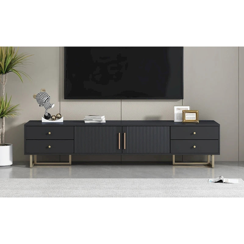 TV Stand Cabinet with 4 Drawers, Wave-Door Storage and Metal Frame
