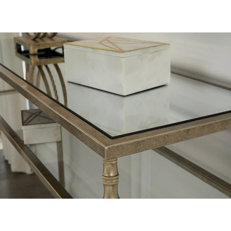 Aged Gold Metal Console Table with Open Lower Shelf