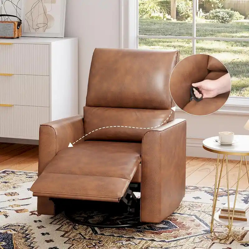 360-Degree Swivel Glider Recliner Chair with Faux Leather and Lumbar Cushion