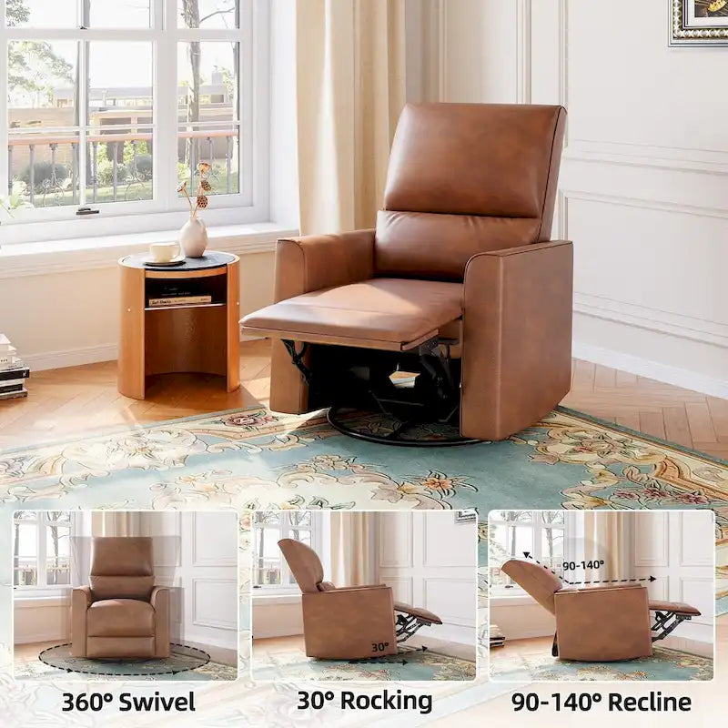 360-Degree Swivel Glider Recliner Chair with Faux Leather and Lumbar Cushion