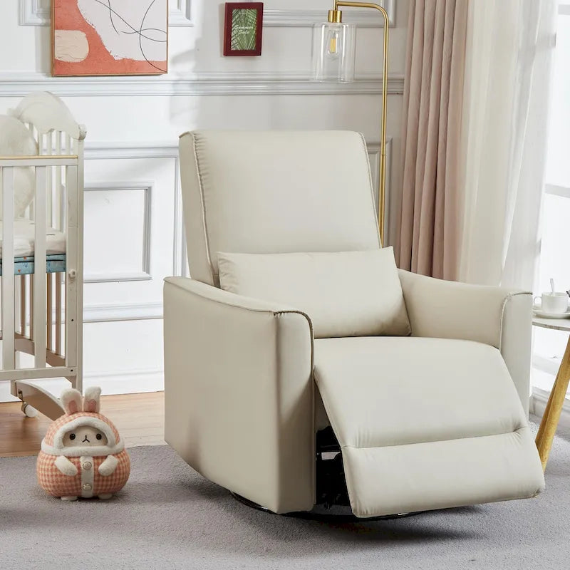 360-Degree Swivel Glider Recliner Chair with Faux Leather and Lumbar Cushion