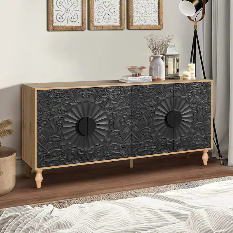 Carved Symmetrical Design Door Sideboard