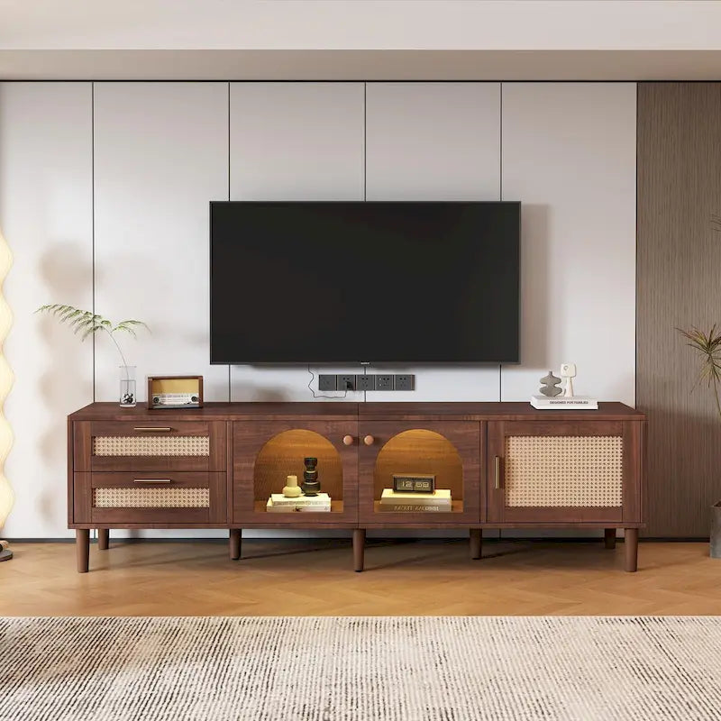 70-Inch LED TV Stand with Rattan Drawers and Tempered Glass Doors for TVs up to 80 Inches