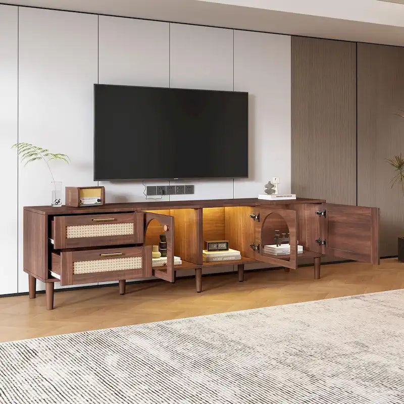 70-Inch LED TV Stand with Rattan Drawers and Tempered Glass Doors for TVs up to 80 Inches