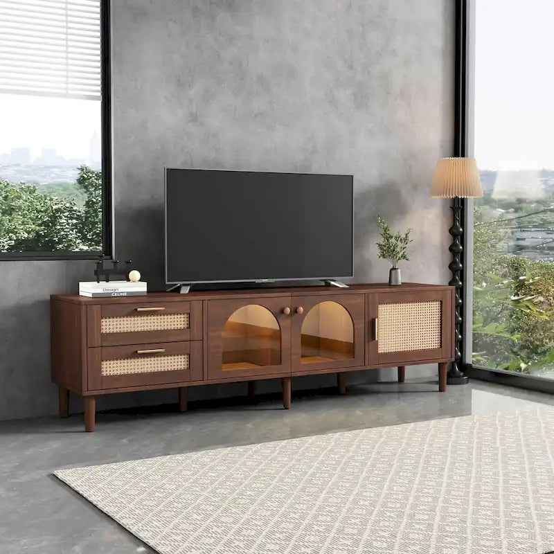 70-Inch LED TV Stand with Rattan Drawers and Tempered Glass Doors for TVs up to 80 Inches
