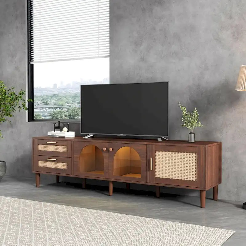 70-Inch LED TV Stand with Rattan Drawers and Tempered Glass Doors for TVs up to 80 Inches