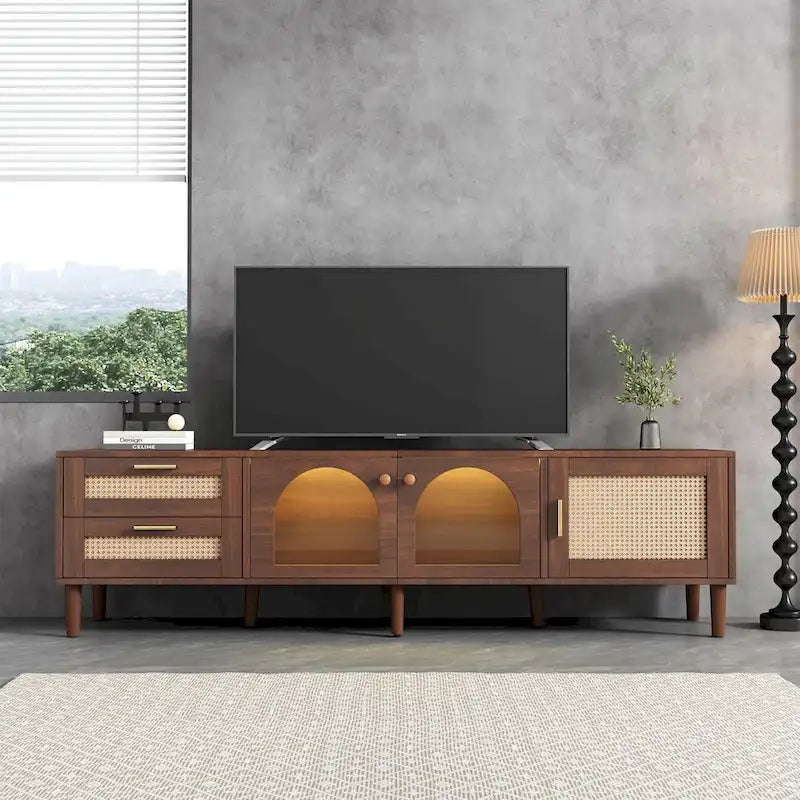 70-Inch LED TV Stand with Rattan Drawers and Tempered Glass Doors for TVs up to 80 Inches