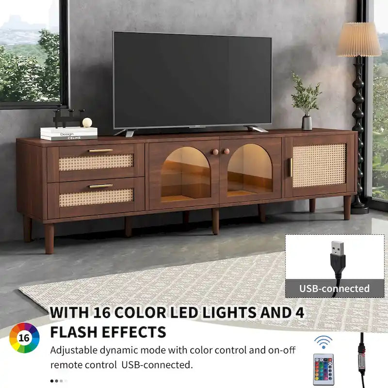 70-Inch LED TV Stand with Rattan Drawers and Tempered Glass Doors for TVs up to 80 Inches