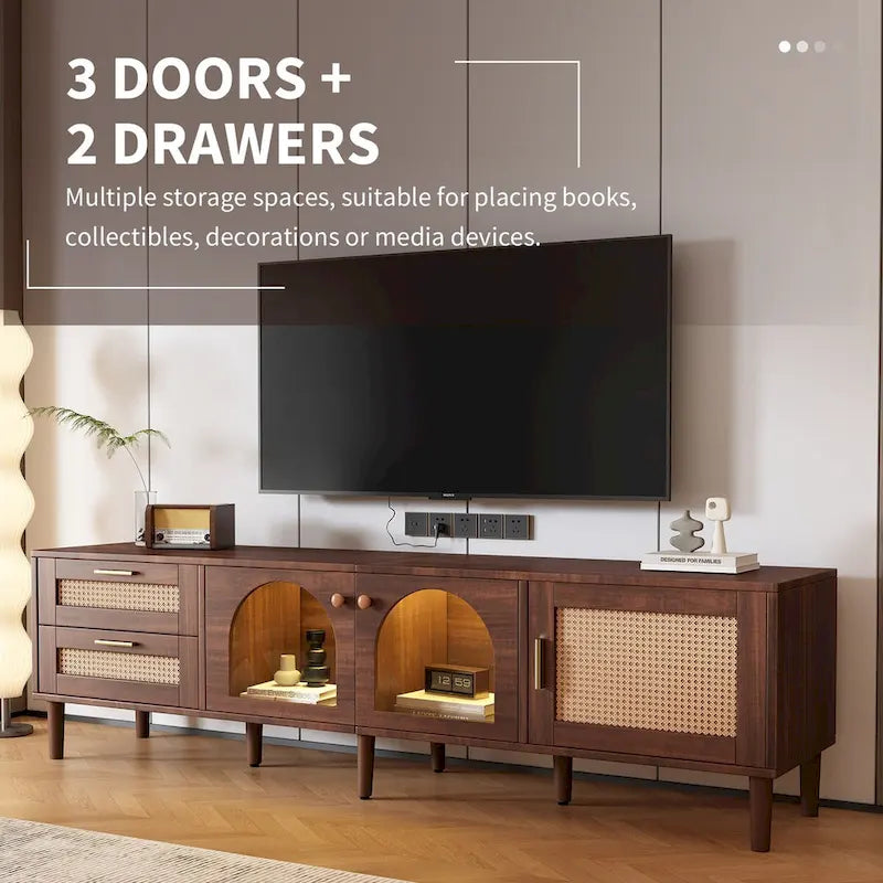 70-Inch LED TV Stand with Rattan Drawers and Tempered Glass Doors for TVs up to 80 Inches