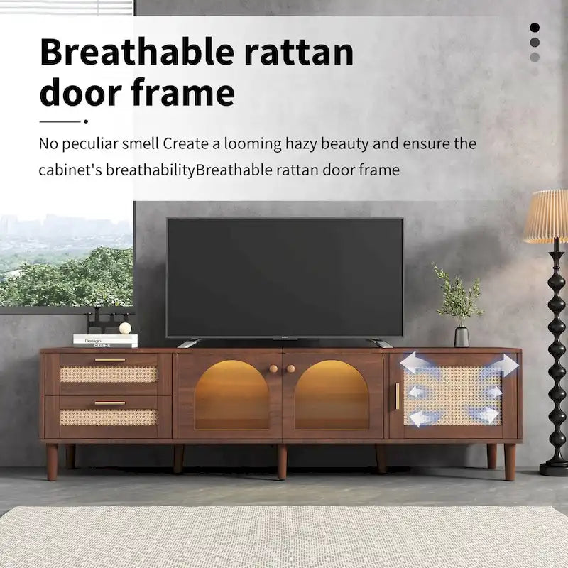 70-Inch LED TV Stand with Rattan Drawers and Tempered Glass Doors for TVs up to 80 Inches