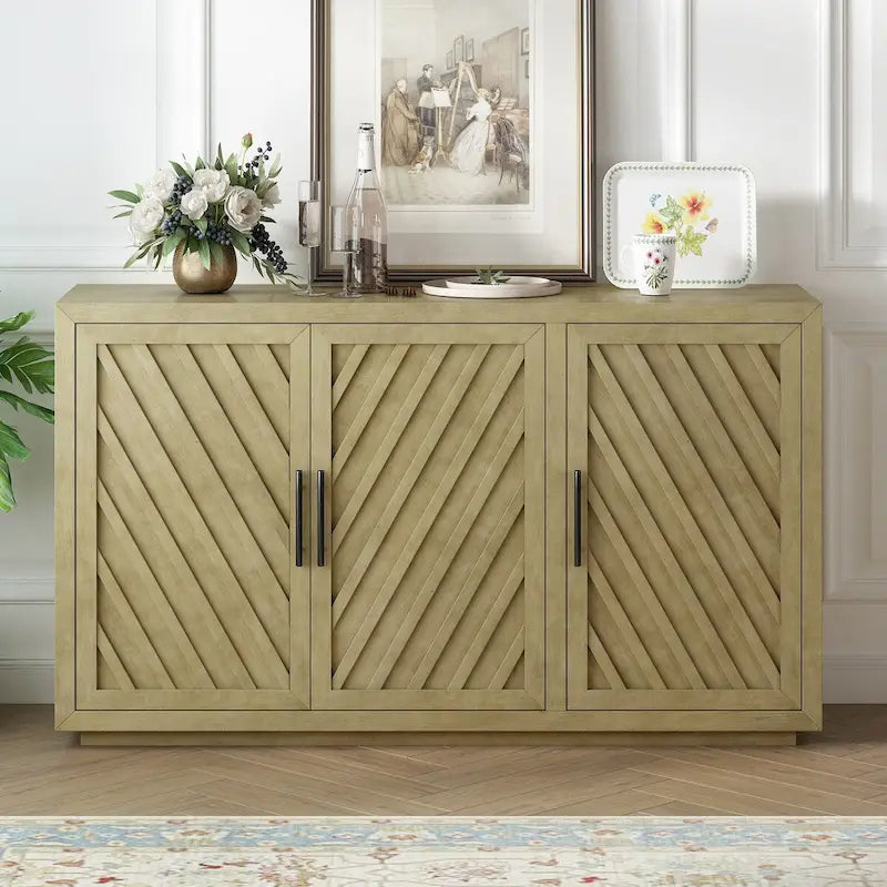 3-Door Sideboard Cabinet with Adjustable Shelves and Black Handles