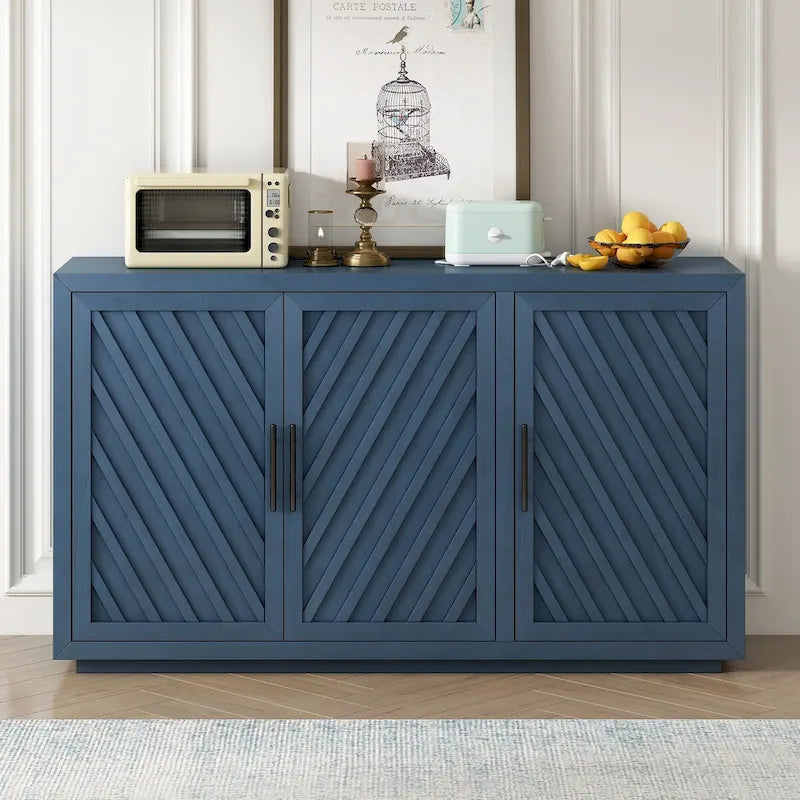 3-Door Sideboard Cabinet with Adjustable Shelves and Black Handles