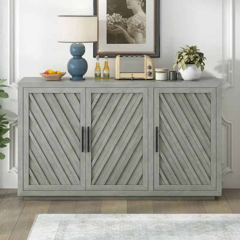 3-Door Sideboard Cabinet with Adjustable Shelves and Black Handles
