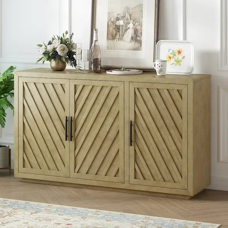 3-Door Sideboard Cabinet with Adjustable Shelves and Black Handles