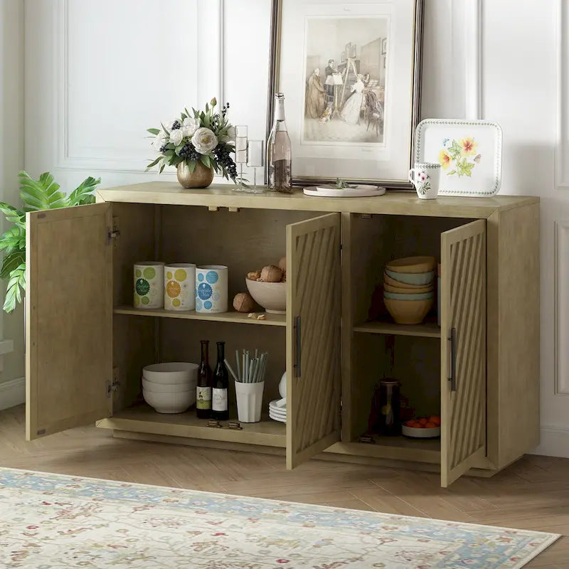 3-Door Sideboard Cabinet with Adjustable Shelves and Black Handles