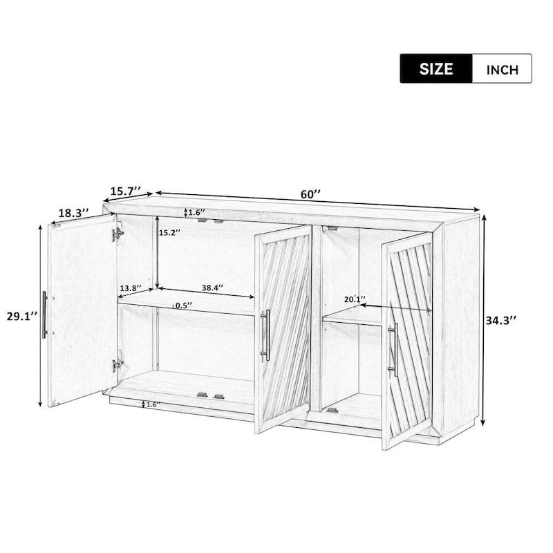 3-Door Sideboard Cabinet with Adjustable Shelves and Black Handles