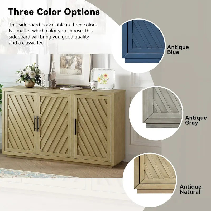 3-Door Sideboard Cabinet with Adjustable Shelves and Black Handles