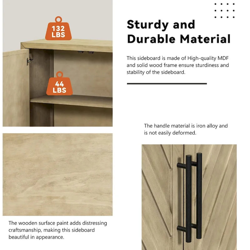 3-Door Sideboard Cabinet with Adjustable Shelves and Black Handles