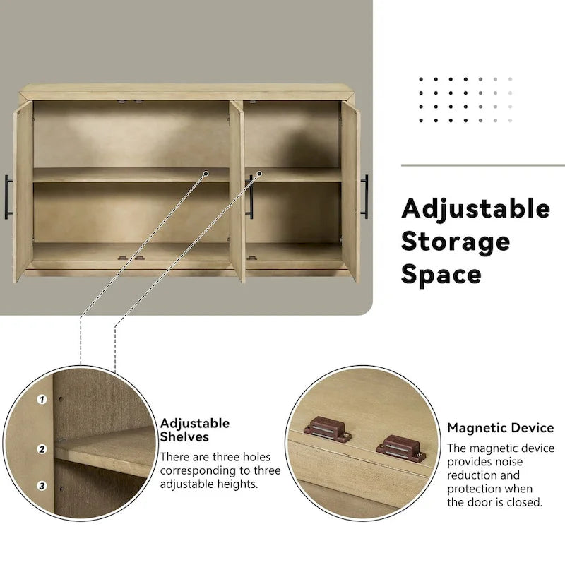 3-Door Sideboard Cabinet with Adjustable Shelves and Black Handles