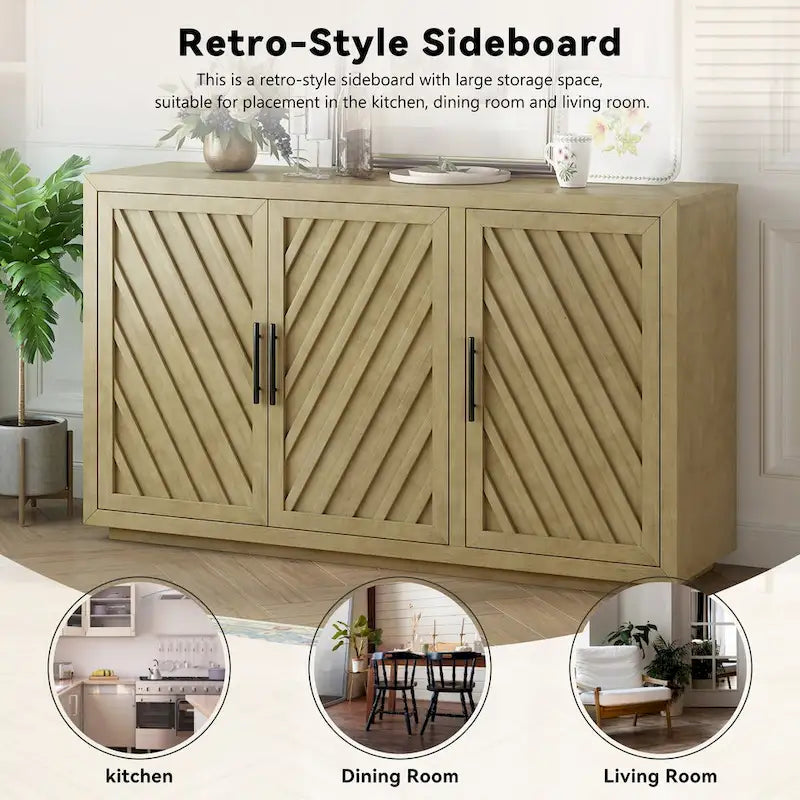3-Door Sideboard Cabinet with Adjustable Shelves and Black Handles