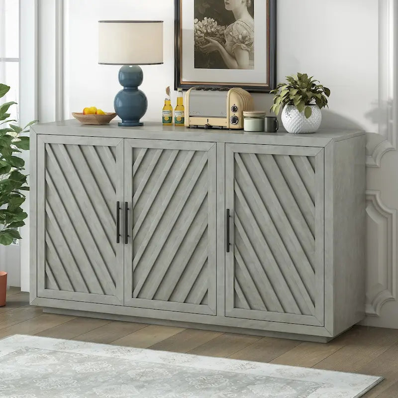 3-Door Sideboard Cabinet with Adjustable Shelves and Black Handles