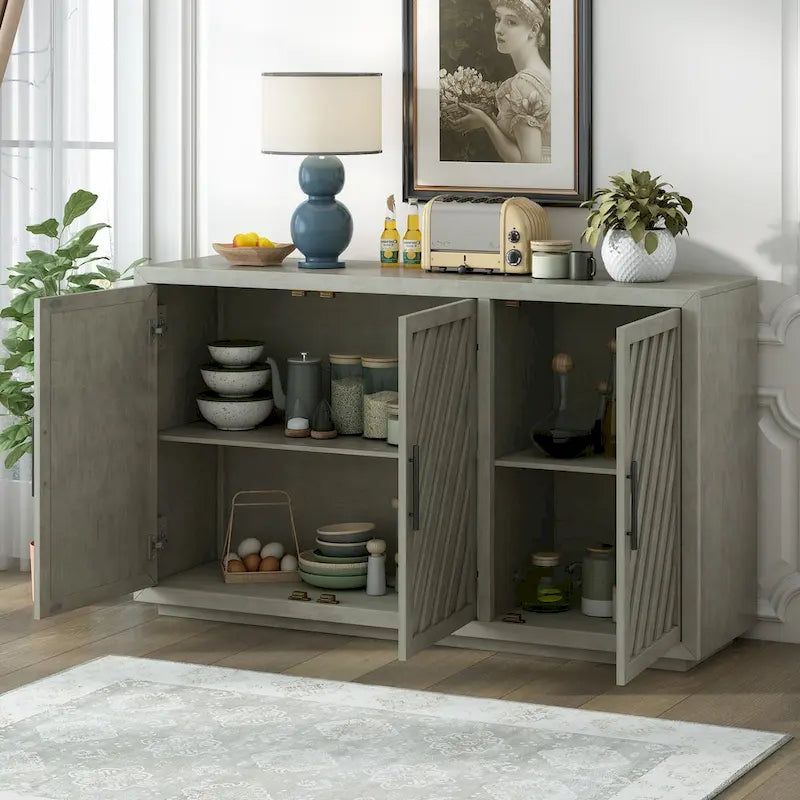 3-Door Sideboard Cabinet with Adjustable Shelves and Black Handles