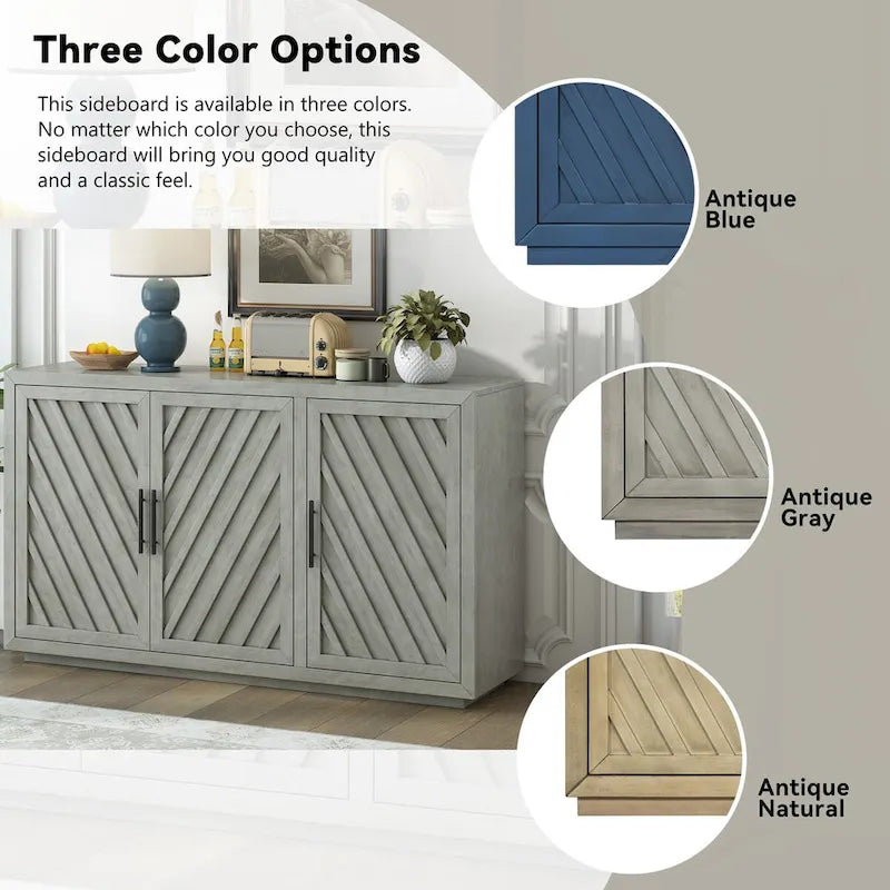 3-Door Sideboard Cabinet with Adjustable Shelves and Black Handles