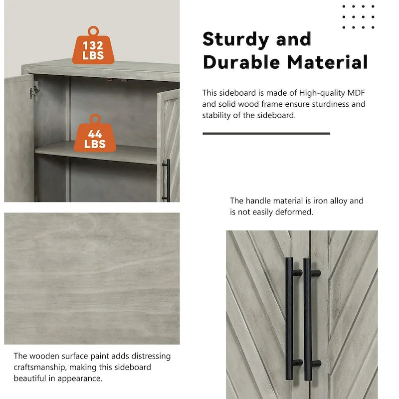 3-Door Sideboard Cabinet with Adjustable Shelves and Black Handles