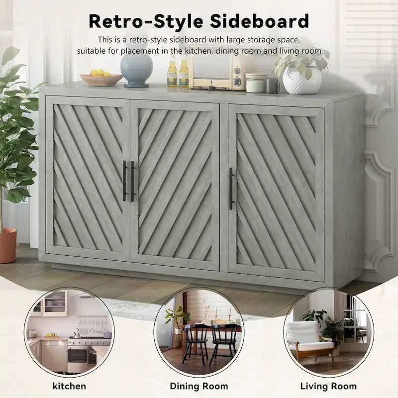 3-Door Sideboard Cabinet with Adjustable Shelves and Black Handles