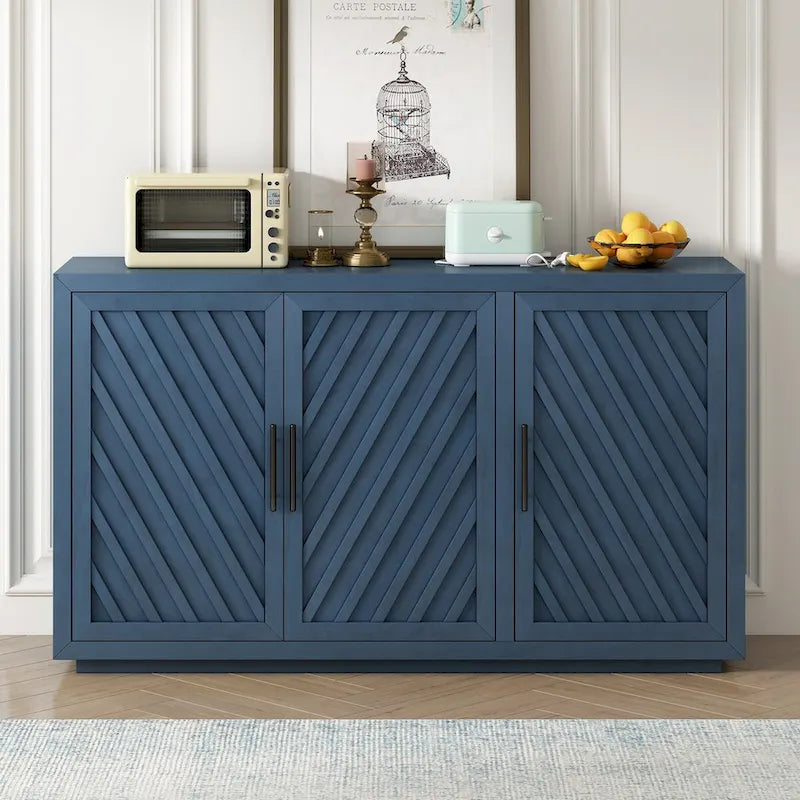 3-Door Sideboard Cabinet with Adjustable Shelves and Black Handles