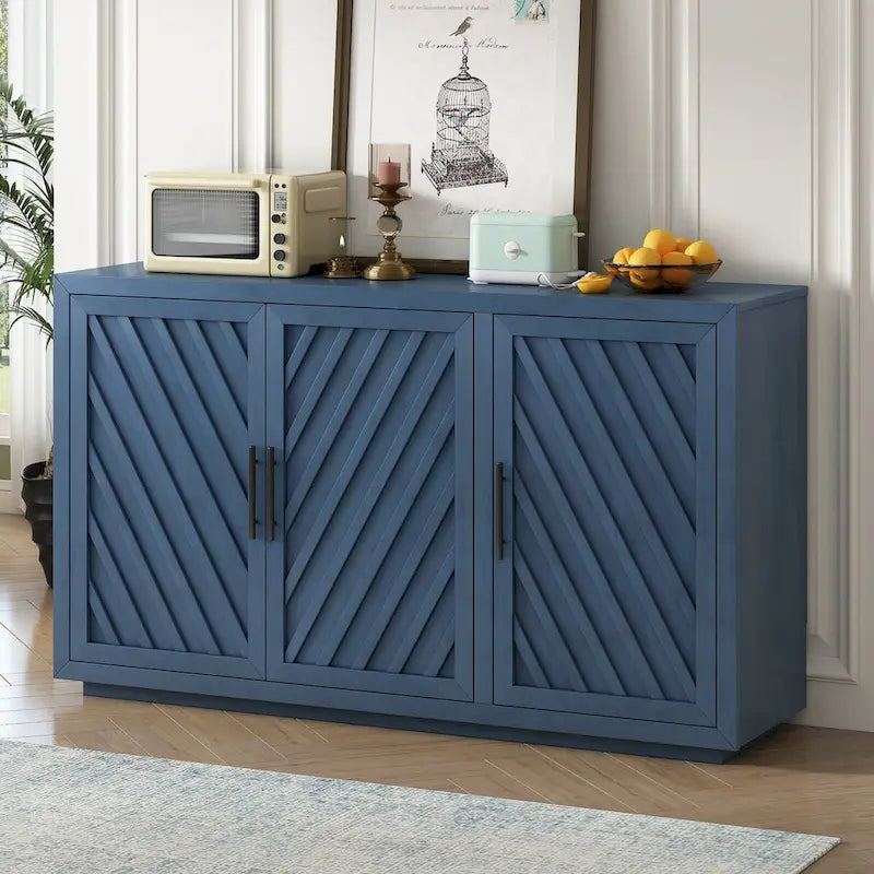 3-Door Sideboard Cabinet with Adjustable Shelves and Black Handles