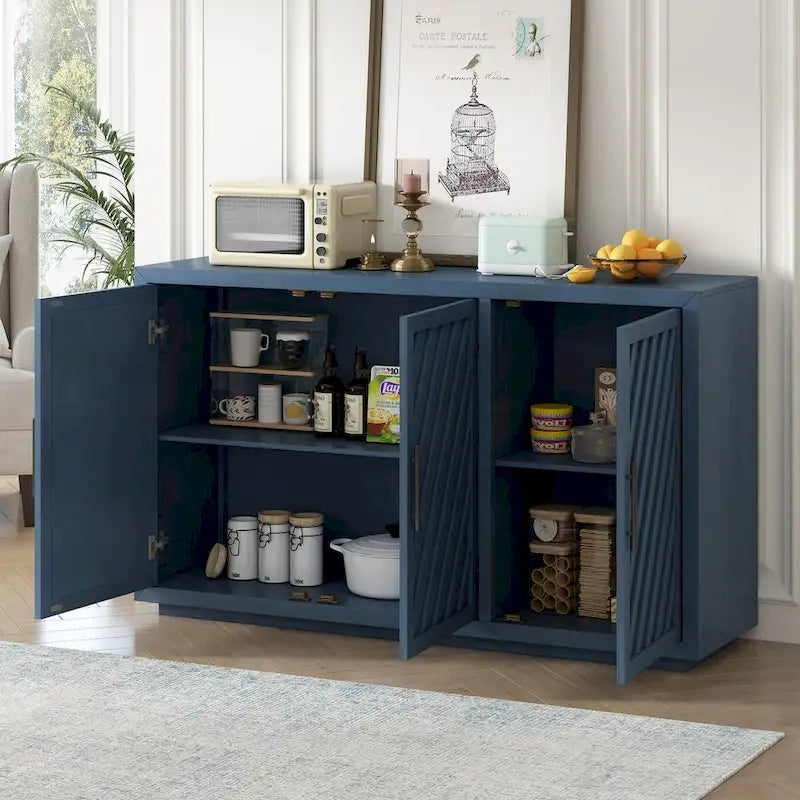 3-Door Sideboard Cabinet with Adjustable Shelves and Black Handles
