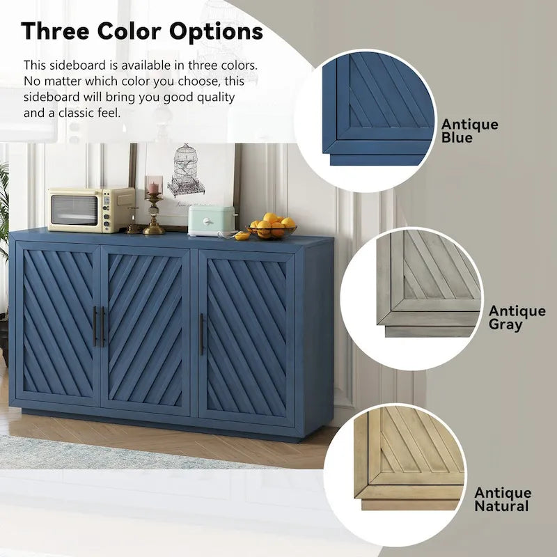 3-Door Sideboard Cabinet with Adjustable Shelves and Black Handles